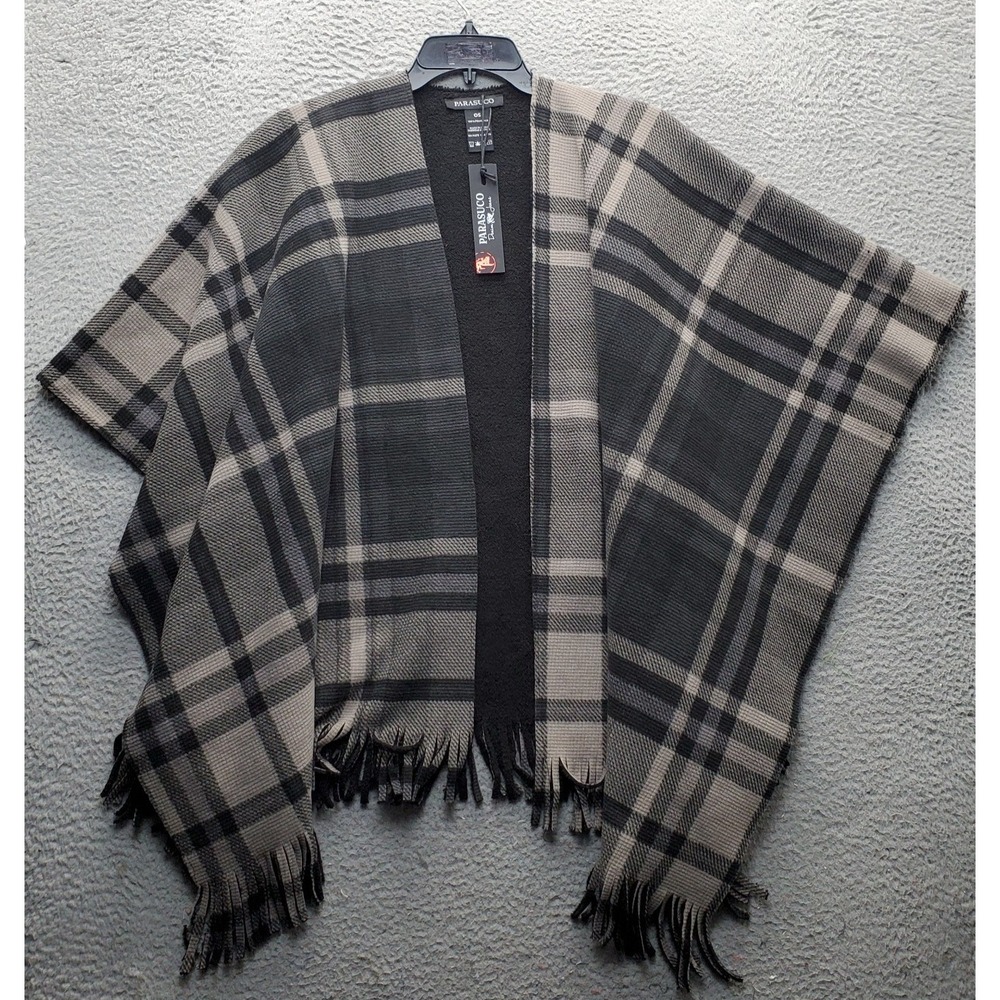 Parasuco Cape Sweater Womens One Size Multi Plaid Reversible Fringe Open Front